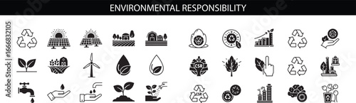 Environmental responsibility icons a set of recycle, solar panel, farm, factory, plant, graph, leaf, water drop, tap, hand and seed icons for a sustainable future