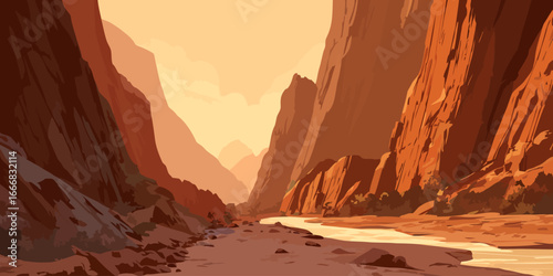 A majestic red rock canyon with a winding river, depicted in a flat, stylized vector art style.