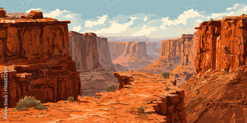 Stylized illustration of a vast red rock canyon landscape with steep cliffs and a winding gorge under a cloudy sky.