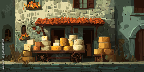 A rustic wooden cart laden with assorted cheese wheels and blocks in a stylized, charming illustration.