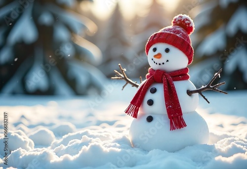 Cute Snowman with Red Scarf Standing in Snowy Winter Scene