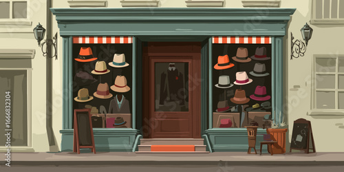Classic haberdashery storefront illustration with colorful fedoras in the display windows.