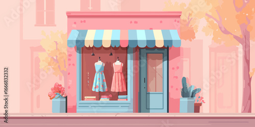 Charming pink clothing boutique storefront with a striped awning and mannequins in the window.