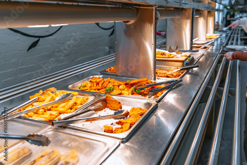 Variety of vegetarian dishes in metal trays under heating lamps in a cafeteria buffet, includes fried items, vegetables, and lasagna