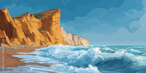 A vibrant vector illustration of sunlit golden cliffs meeting crashing turquoise ocean waves.
