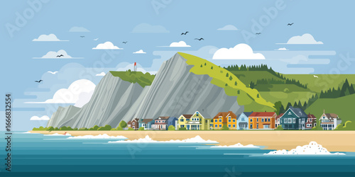 Flat vector illustration of a colorful coastal village nestled by a large cliff and sandy beach.
