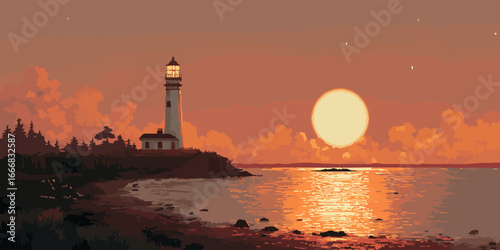 A tranquil pixel art landscape of a coastal lighthouse during a warm, orange sunset over the sea.
