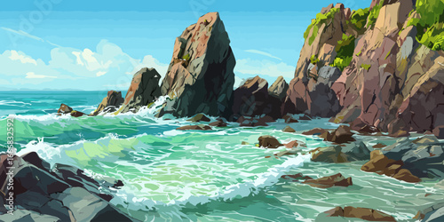 Stylized Digital Illustration of a Rocky Coastline with Crashing Turquoise Waves