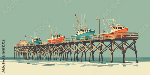 Vintage-style vector art of colorful fishing trawlers resting on a long, rustic wooden pier.