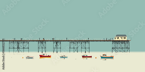 Stylized illustration of a long seaside pier with a building and small colorful boats below.