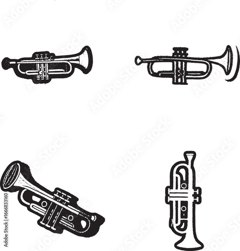 A sticker of an embroidered design of a trumpet, with a white background, in a vector art style. The design is simple and minimalistic, with a vintage aesthetic and a solid black outline.eps