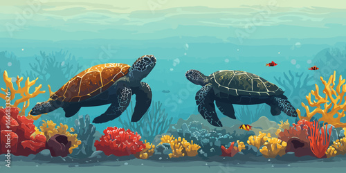 Two illustrated sea turtles, one brown and one green, swimming gracefully over a vibrant and colorful coral reef in a blue ocean.