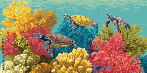 Stylized illustration of three sea turtles swimming above a vibrant and colorful coral reef.