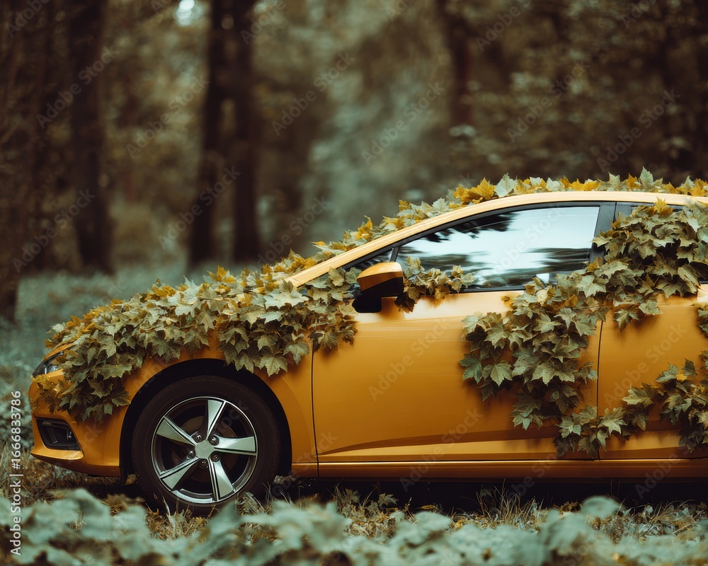 Naklejka premium Modern Eco-Friendly Regenerative Braking Car with Leafy Body in Forest Premium Sustainable Vehicle Content for Green Marketing Campaigns
