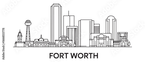Detailed Fort Worth skyline vector illustration. Fort Worth buildings in line art style. with white background