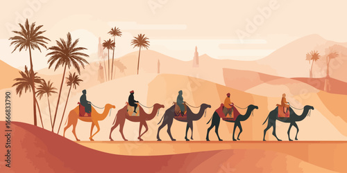 Silhouetted riders on a camel train with colorful saddles, a flat vector style illustration.