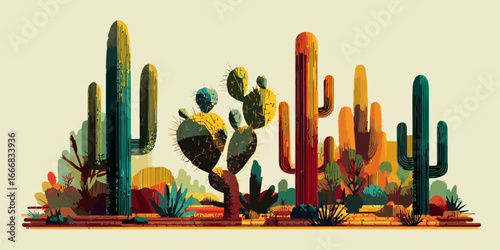 Vibrant, stylized illustration of a desert landscape with colorful saguaro and prickly pear cacti.