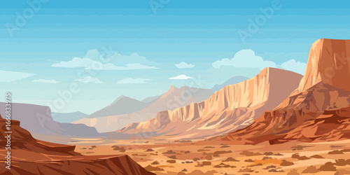 A vibrant, stylized illustration of a vast desert canyon with layered red rock mountains and mesas under a clear blue sky with clouds.