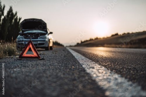 Broken-down car on a road at sunset.  A roadside emergency triangle marks a disabled vehicle