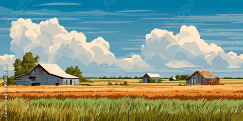 Stylized illustration of rustic wooden barns in a golden field under a vast, cloudy blue sky.