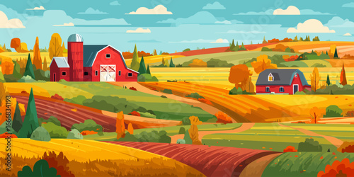 Colorful autumn farm landscape with a red barn, silo, and rolling agricultural fields.