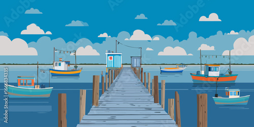 Serene fishing harbor with a wooden pier, colorful boats, and huts under a cloudy sky.