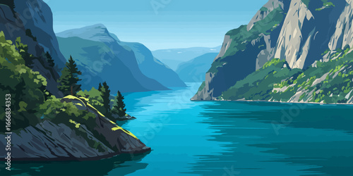 Stylized vector illustration of a serene fjord with steep, green mountains and calm turquoise water.