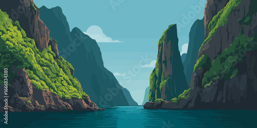 A serene waterway flowing between majestic, green-covered rocky cliffs in a flat vector style.