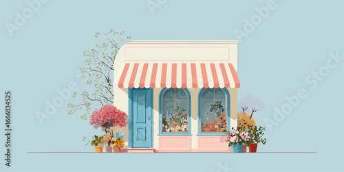 Charming illustrated flower shop facade with a striped awning, blue door, and colorful potted plants.