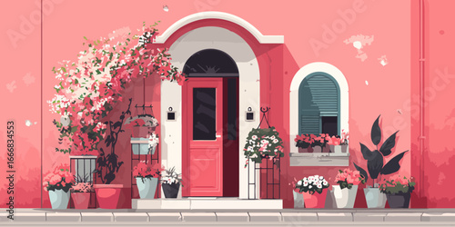 Charming pink building facade with an arched red door, window, and blooming potted flowers.