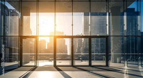 Modern glass building facade with sunlight reflecting on the windows.
