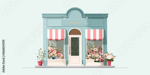 Charming light blue flower shop facade with striped awnings and vibrant floral displays.