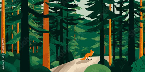 Vibrant graphic illustration of a dense pine forest with a solitary orange fox on a winding path.