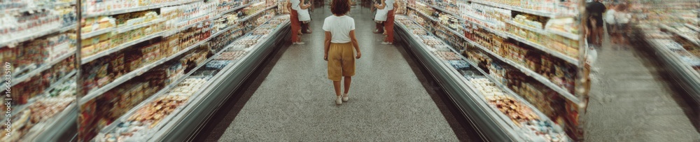 Naklejka premium Authentic Family Shopping Experience in Modern Supermarket Dairy Aisle Premium Content for Parent-Child Bonding and Healthy Lifestyle Marketing