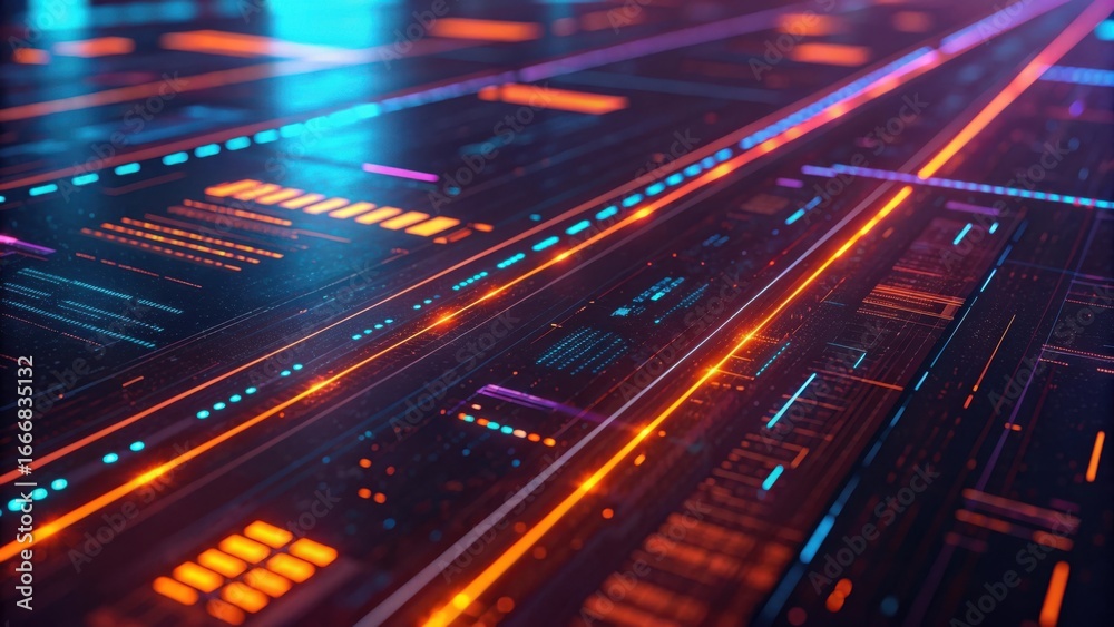 custom made wallpaper toronto digitalFuturistic abstract grid with neon blue and orange light trails digital technology concept