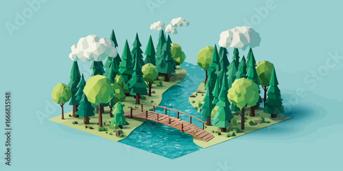 Low-poly isometric forest diorama with a winding river, pine trees, and a wooden bridge.