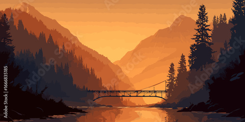 Stylized digital art of a mountain valley landscape with a bridge over a river at sunset.
