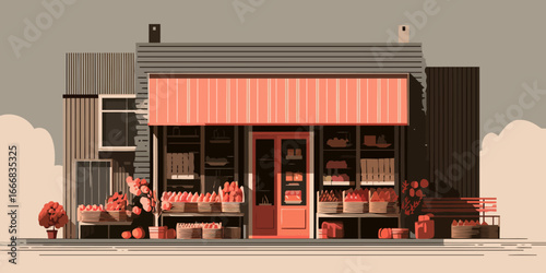 Charming local market facade with a striped peach awning and fresh produce display.
