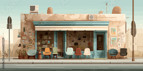 Artistic illustration of a rustic storefront displaying a variety of colorful modern chairs.