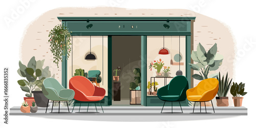 Stylish illustrated storefront with a green facade, colorful modern chairs, and lush potted plants.