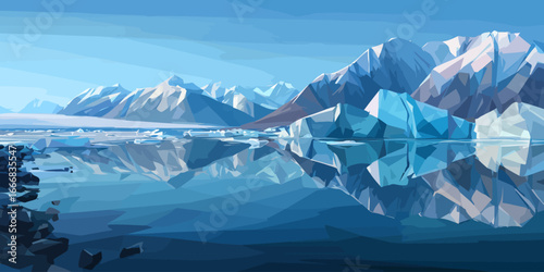Polygonal arctic landscape with snow-capped mountains and icebergs reflecting in calm, blue water.