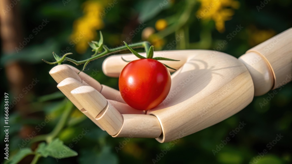 custom made wallpaper toronto digitalClose-up of a ripe red tomato held gently in a prosthetic hand amidst lush green foliage