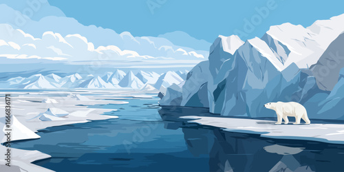 Vector illustration of a polar bear on an ice floe in a majestic arctic glacial landscape.