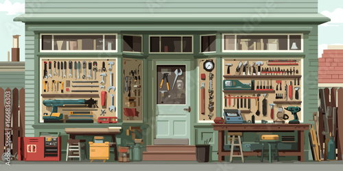Illustrated facade of a classic green workshop with neatly organized tools in display windows.