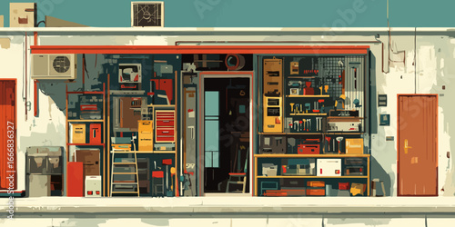 Graphic illustration of a cluttered workshop facade with organized tools, shelves, and equipment.