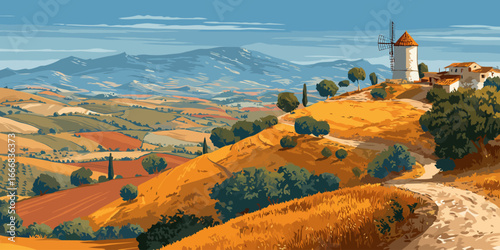 Picturesque rural landscape with a traditional windmill, village, and rolling golden hills.