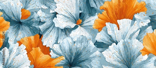 Abstract floral pattern of overlapping, textured, light blue and orange flower petals