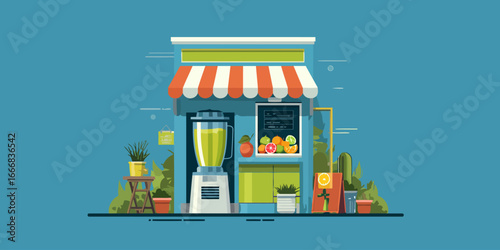Charming fresh juice bar storefront with a striped awning, blender, and citrus fruits.