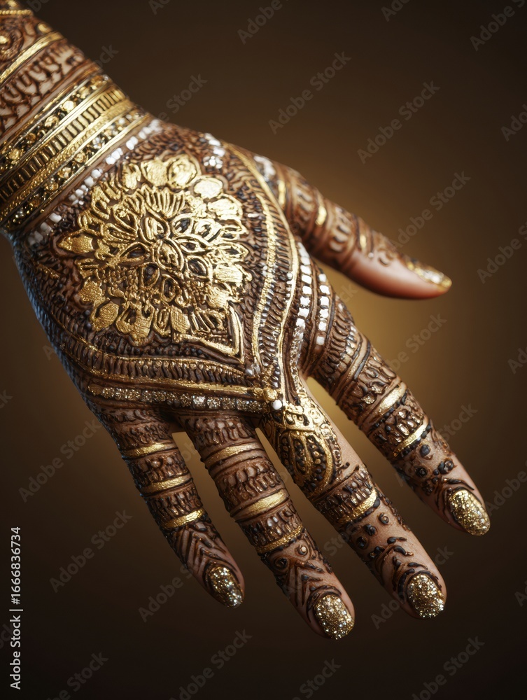Obraz premium Authentic Henna Mehendi Body Art with Intricate Gold Detailing on Hand Premium Cultural Tattoo for Modern Lifestyle and Creative Marketing Campaigns