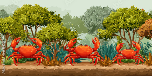 Three vibrant red cartoon crabs with large raised pincers standing in a row.